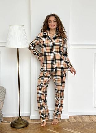 Бежева піжама в класичну клітинку /парні піжами / піжама для пари