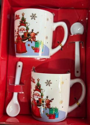 Набор чашек новогодних home sd4 керамические с ложками в подарочной коробке 2шт 200 мл
