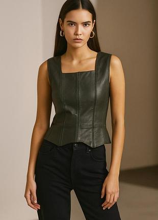 Елегантний шкіряний корсет жилет топ натуральна шкіра жіночий баска квадратний виріз трендовий y2k bimbo безрукавка