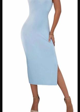 Свет голубое женское платье, с разрезом на ноге, размер 44/46