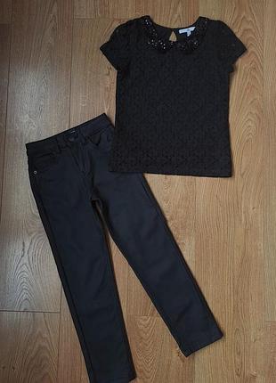 Набор/черные кожаные штаны/штаны из эко кожи/черная нарядная блузка кофта с коротким рукавом для девочки