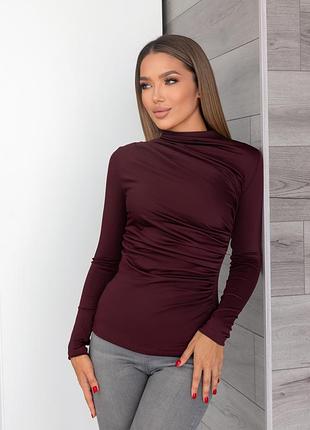 Женский бордовый лонгслив кофточка с драпировкой цвет бургунди