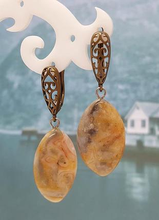🔺🌹🌟🏵️ошатні сережки з натурального жовтого крейзі агата з підвісками