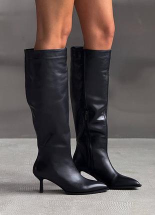 Чоботи жіночі натуральна шкіра чорні на каблуці