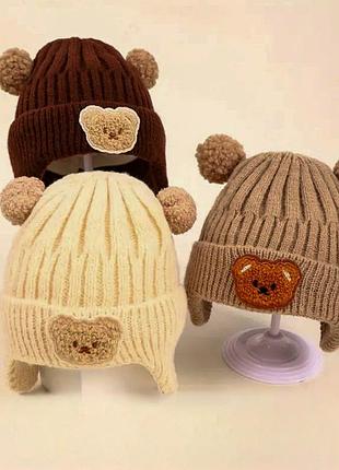 🧸 вʼязані шапочки “ведмедик” з помпонами
