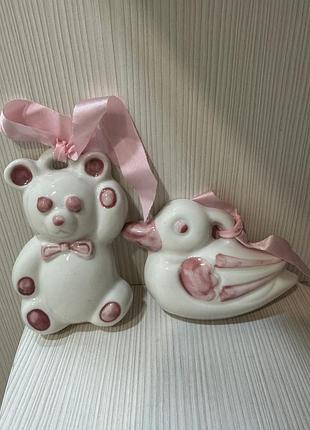 Фігурки ведмедика та качечки керамічні, декор настінний, сувенір