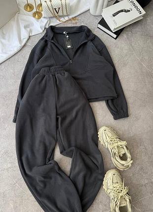Графитовый флисовый спортивный костюм низ кофты на фиксаторе