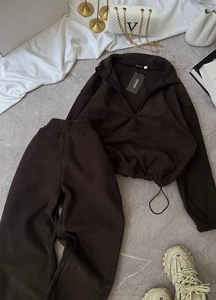 Шоколадний флісовий спортивний костюм низ кофти на фіксаторах
