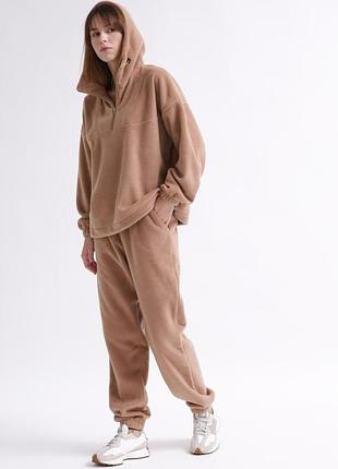 Костюм женский спортивный теплый на флисе, худи с капюшоном и штаны, бежевый
