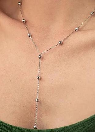 Срібний ланцюжок, кольє-галстук із кульками 45-50 см, родоване жіноче, 925 проба