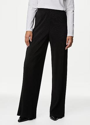 Широкі чорні брюки плісе з еластичної тканини р.18