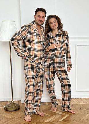 Піжами парні жіночі бежеві в клітинку чоловічі