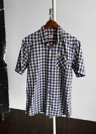 Lacoste sport mens vintage 90s blue plaid short sleeve button up shirt чоловіча, вінтажна, синя, сорочка, в клітинку, лакост