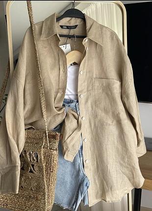Льняна беж базова сорочка zara