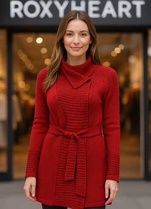 Жіночий в’язаний кардиган- червоний, із поясом,/ roxy heart / eu 38-40 / m-l / стан дуже хороший !