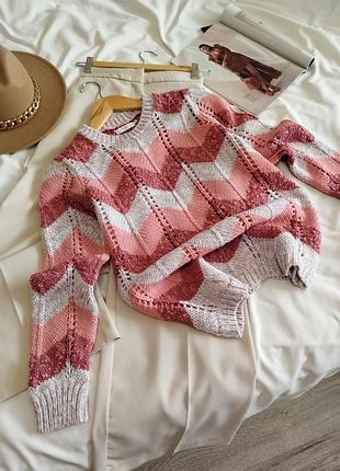 Ажурный свитер - джемпер cotton traders. розовый "шеврон".