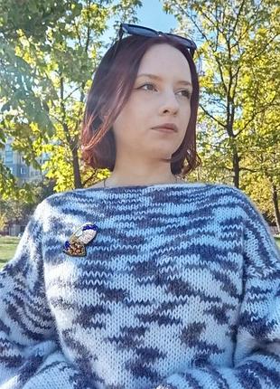 Свитер женский оверсайз демисезонной ручной вязки со спущенными площадками трех цветов (белый, синий, серый)