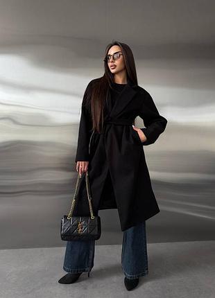 Пальто кашемір з поясом на осінь чорне, жіноче осіннє пальто з кашеміру, пальто з кишенями, 0100