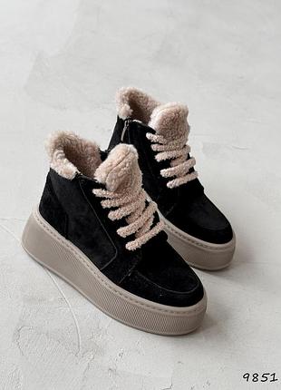 Натуральная замша, практичные черные женские зимние ботинки