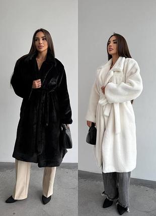 Подовжена шуба шубка екошуба з поясом,  оверсайз крою
