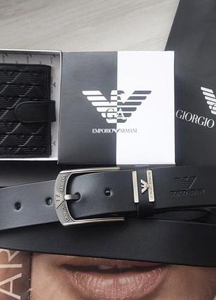 Br s  мужской  кожаный подарочный набор armani black ремень и кошелек
