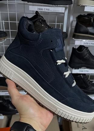 Зимові черевики level темно сині з натуральної шкіри, кросівки на хутрі мужские зимние ботинки