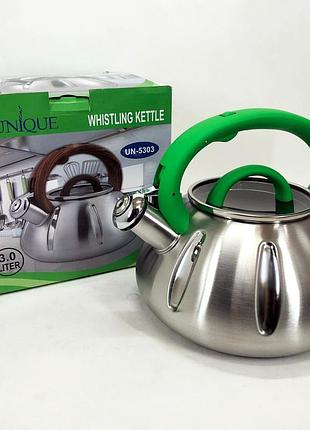 Чайник со свистком unique un-5303 кухонный на 3 литра, чайник нержавейка со свистком. цвет: зеленый br s