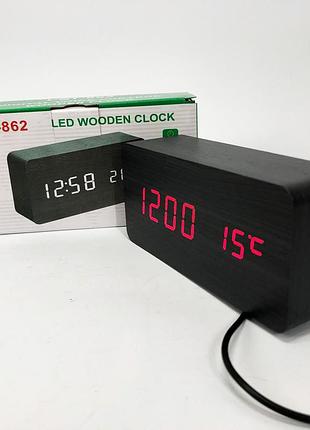 Часы vst-862 черное дерево красная подсветка, цифровые настольные часы квадратные
