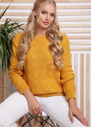 Светр жіночий в'язаний плюс сайз, бал, однотонний, гірчичний