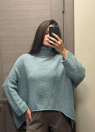 Жіночий бірюзово-сірий светр oversize з горлом