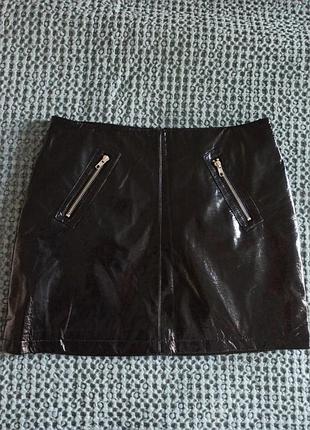 Юбка экокожа лакированная посадка высокая