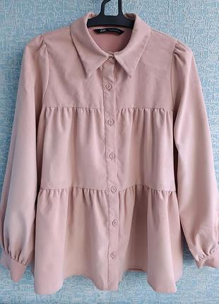 Шикарная рубашка блуза zara из микровельвета  
пудрово-розового цвета оверсайз