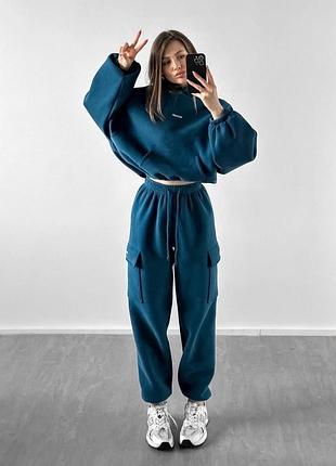 Жіночий повсякденний спортивний теплий костюм двійка штани та кофта тканина тринитка на флісі