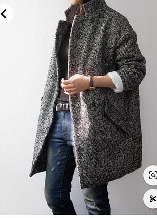 Пальто оверсайз свободное кокон пиджак  шерсть укороченное миди елочка