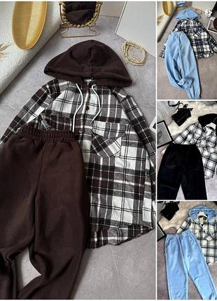 Женский костюм кашемировая рубашка в клетку и флисовые спортивные штаны