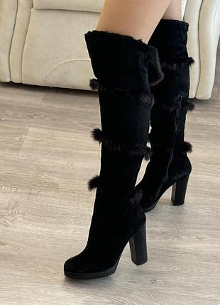 Сапожки зима жіночі, дуже теплі з хутром високі шкіра і нубук