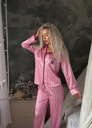 Трендовая розовая пижама из шелка в полоску, пижама сатин в розовую полоску с длинным рукавом, пижама полоску брюки и рубашка
