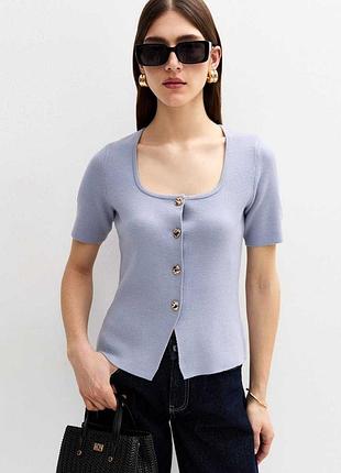 Синий в"язаный кардиган с короткими рукавами