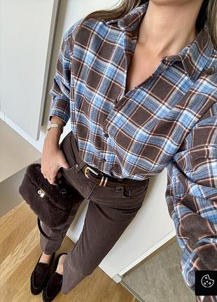 Трендова оверсайз сорочка в клітинку шоколад з синім, рубашка в клетку шоколад, картата сорочка коричнева