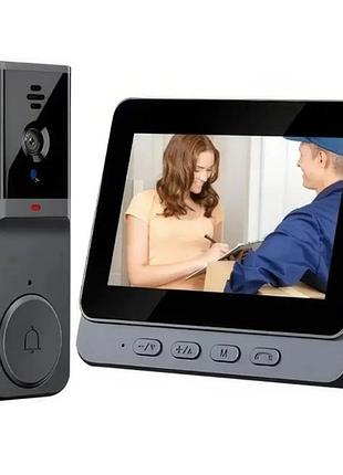 Беспроводной дверной видеозвонок с экраном - монитором дисплейем беспроводной видеодомофон с 4,3-дюймовым ips-экраном smart m165, bluetooth grey