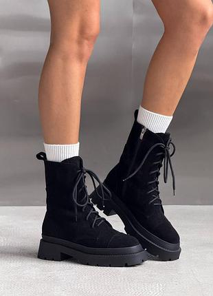 Ботинки женские черные замша / зимние ботинки из натуральной замши / замшевые ботинки на шнуровке / черные ботинки берцы