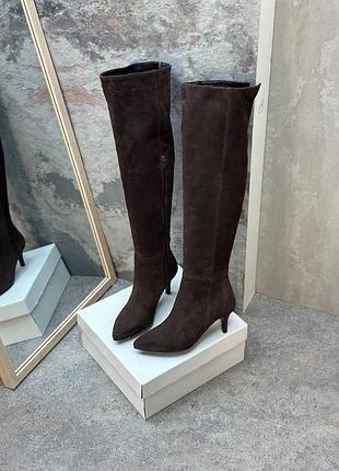 Високі замшеві шоколадні коричневі розкішні чоботи