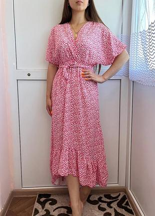 Платье женское розовое белое вискоза цветочный принт