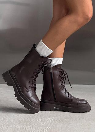 Premium! женские кожаные коричневые ботинки зимние ботинки теплые на меху натуральная кожа зима