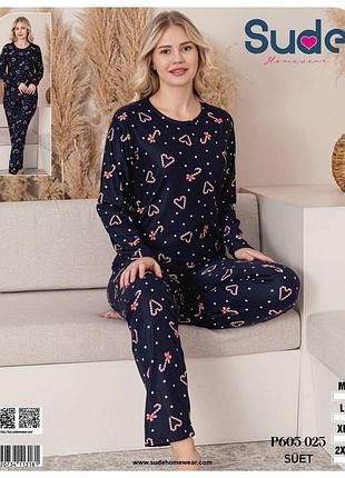 Женская пижама-домашний костюм микробайка с новогодним принтом sude туречневая синяя