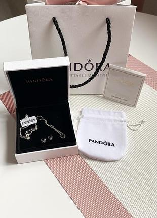 Срібний набір прикрас ланцюжок, підвіска, сережки в подарунковому пакуванні пандора