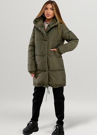 Куртка женская тепла удлиненная с капюшоном курточка непродуваемая водоотталкивающая пуффер пуховик пальто парка осень зима батал хаки