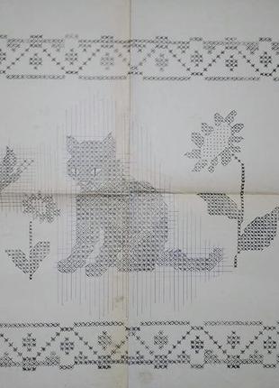 Котик с цветами схема вышивки крестиком черно белая для девочки, крупная.