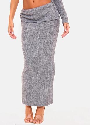 Довга тепла спідниця-олівець кольору вугілля без застібки, максі-спідницею з ребристого трикотажу темно-сірого кольору prettylittlething (38-40)
