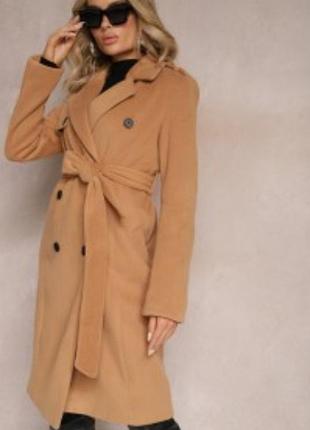 Гарне пальто двобортне пісочне під пасок без підклада хл 14